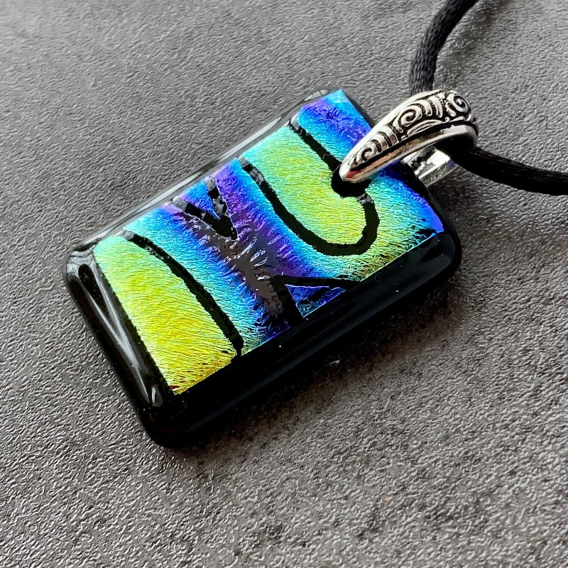 Night Sky, Multi-color Dichroic Glass Necklace, Hand Engraved
