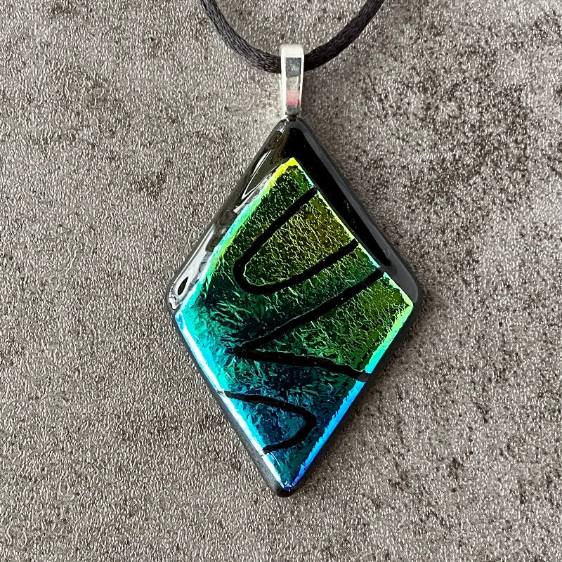 Aurora Evening, Multi-color Dichroic Glass Necklace, Hand Engraved