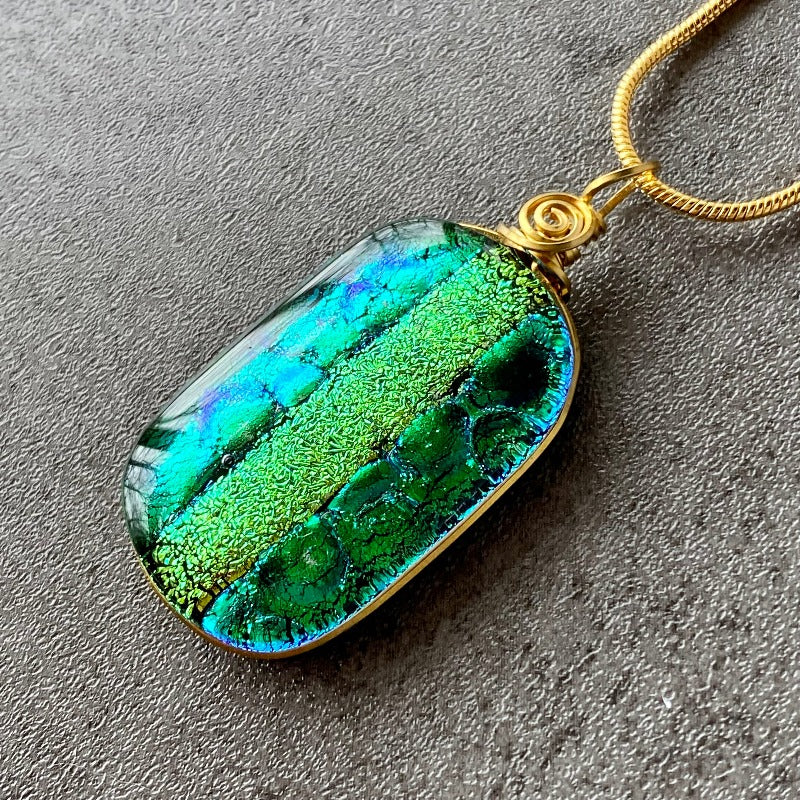 Wearin' O' The Green, Green Dichroic Glass Necklace, Gold