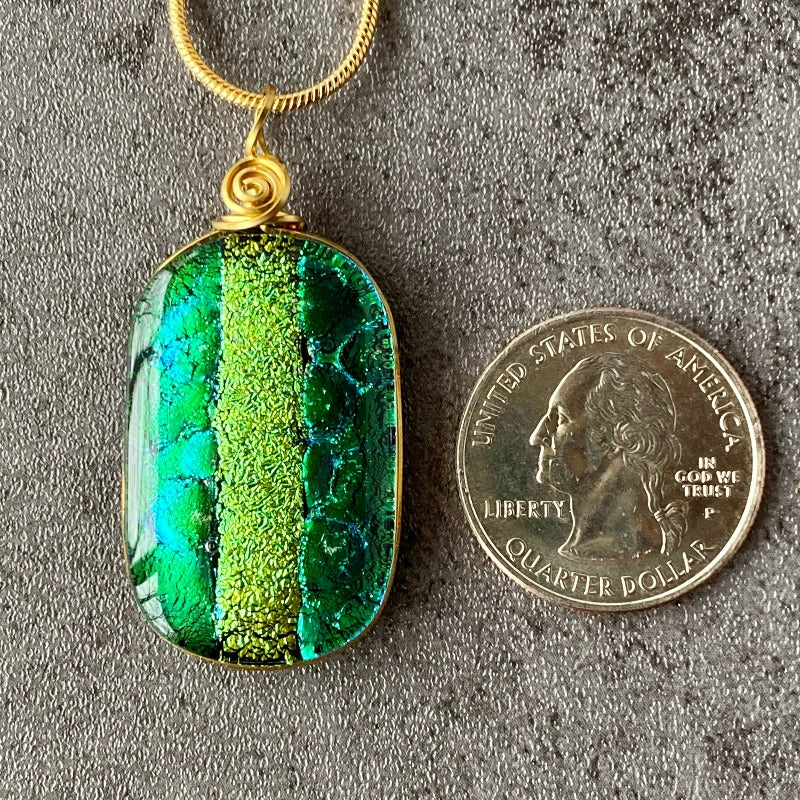 Wearin' O' The Green, Green Dichroic Glass Necklace, Gold