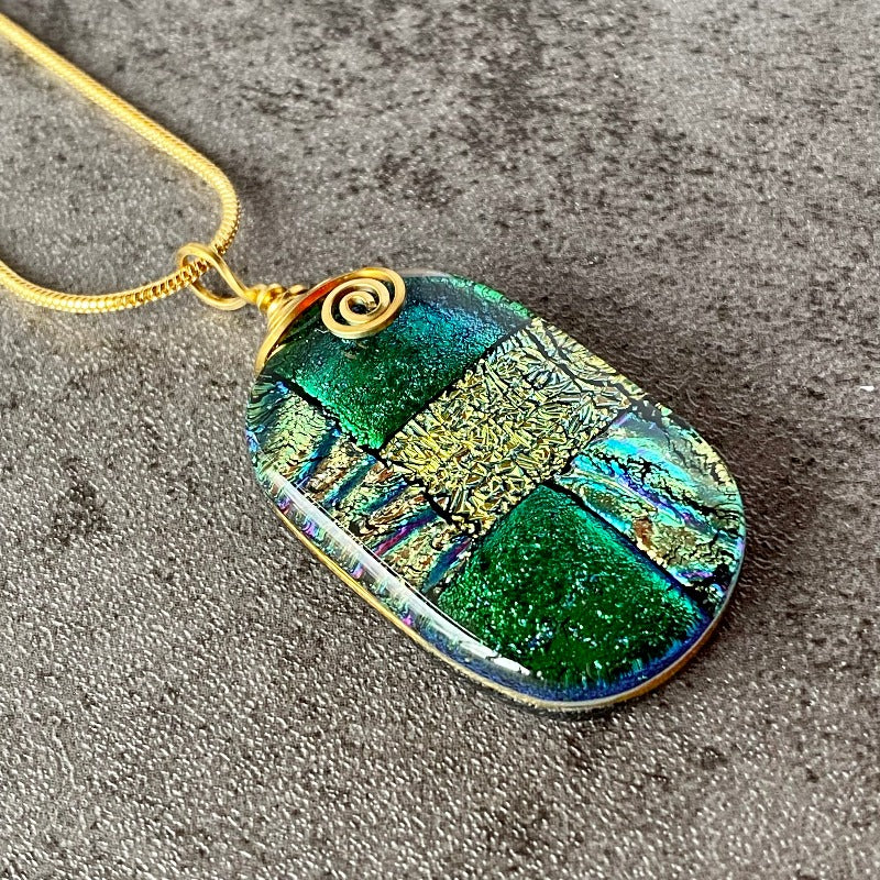 Emerald Isle, Green and Gold Dichroic Glass Necklace, Gold