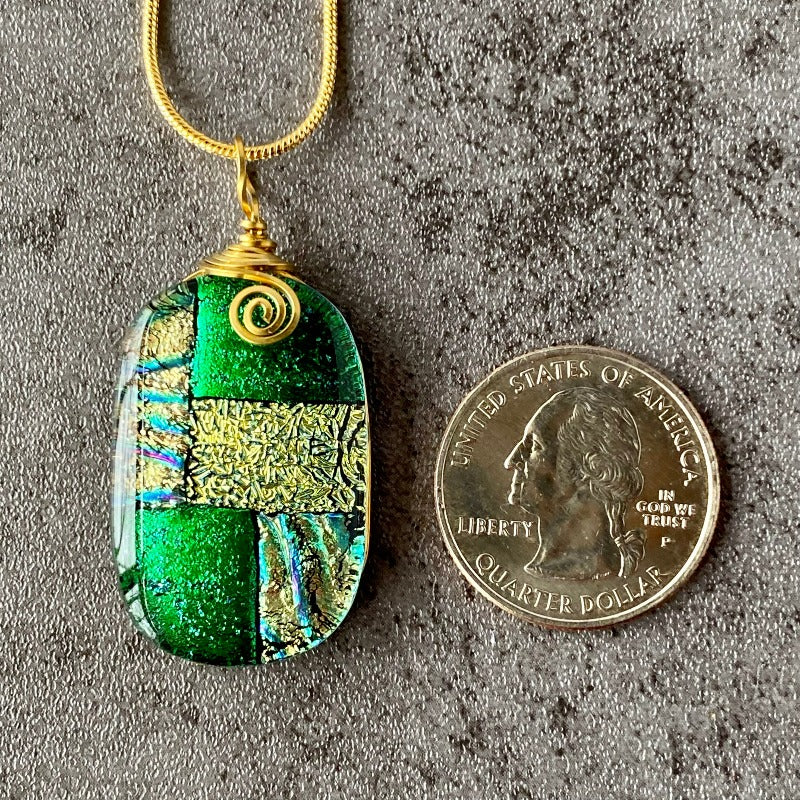 Emerald Isle, Green and Gold Dichroic Glass Necklace, Gold