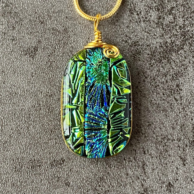 Among The Shamrocks, Green Dichroic Glass Necklace, Gold
