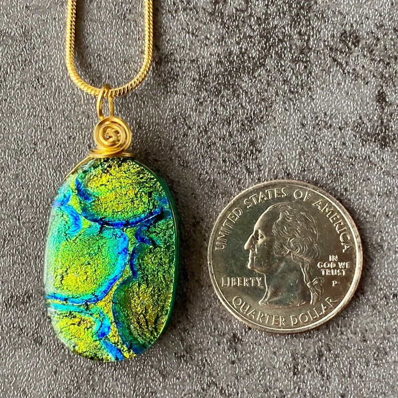 Pot O' Gold, Green and Gold Dichroic Glass Necklace, Gold