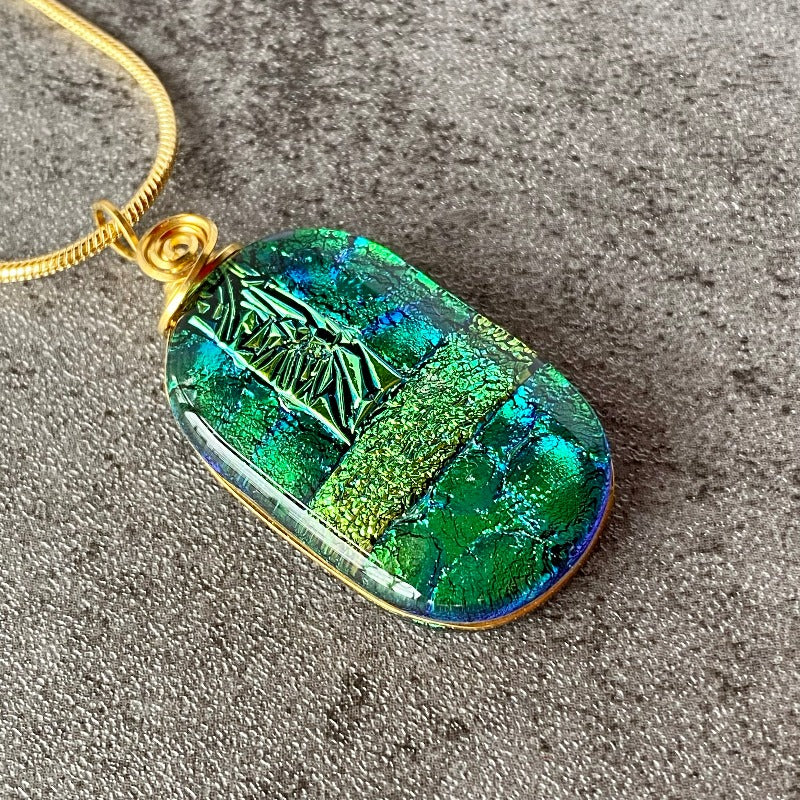 I Call Shenanigans, Green Dichroic Glass Necklace, Gold