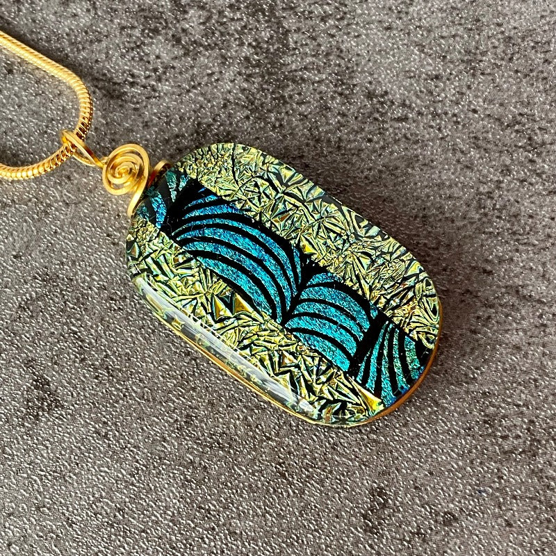 May The Road Rise Up, Gold and Green Dichroic Glass Necklace, Gold