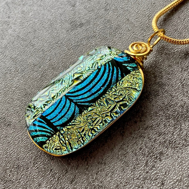 May The Road Rise Up, Gold and Green Dichroic Glass Necklace, Gold
