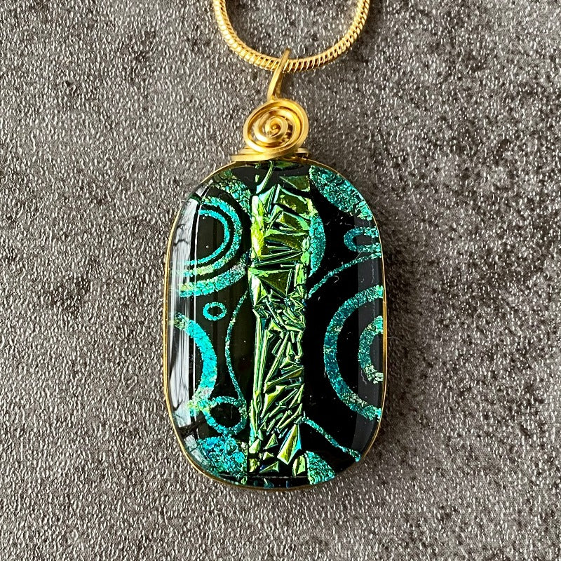 The Blarney Stone, Green and Black Dichroic Glass Necklace, Gold