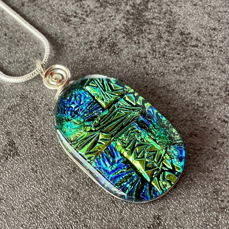 With A Little Luck, Green and Blue Dichroic Glass Necklace, Silver
