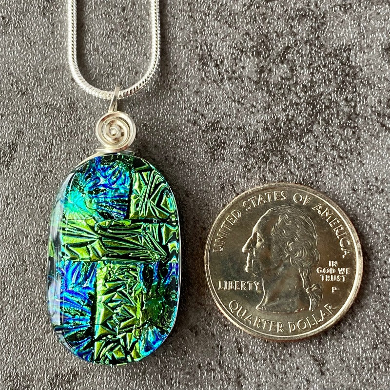 With A Little Luck, Green and Blue Dichroic Glass Necklace, Silver