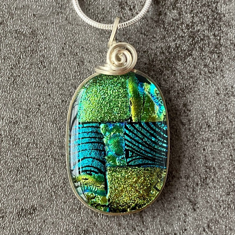 A Shady Spot, Blue Green Dichroic Glass Necklace, Silver
