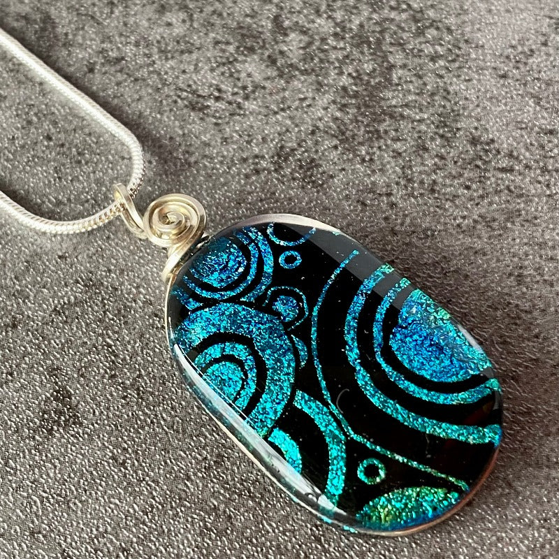Green Blue Color Shift, Green and Blue Dichroic Glass Necklace, Silver
