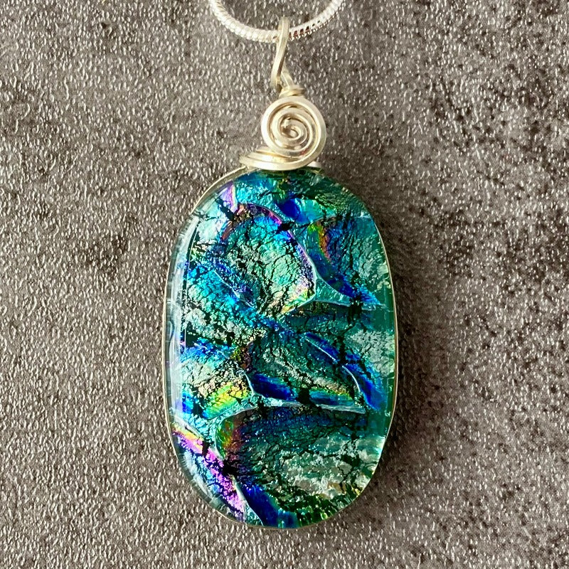 Elven Path, Multi-color Dichroic Glass Necklace, Silver