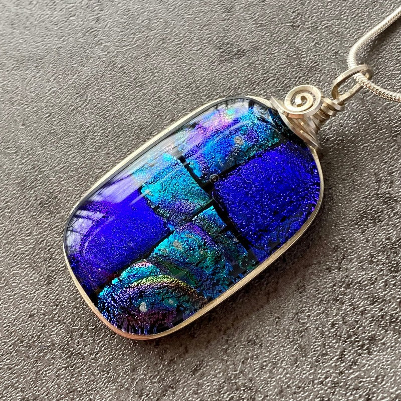Rolling River, Blue Dichroic Glass Necklace, Silver