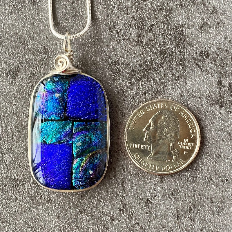 Rolling River, Blue Dichroic Glass Necklace, Silver