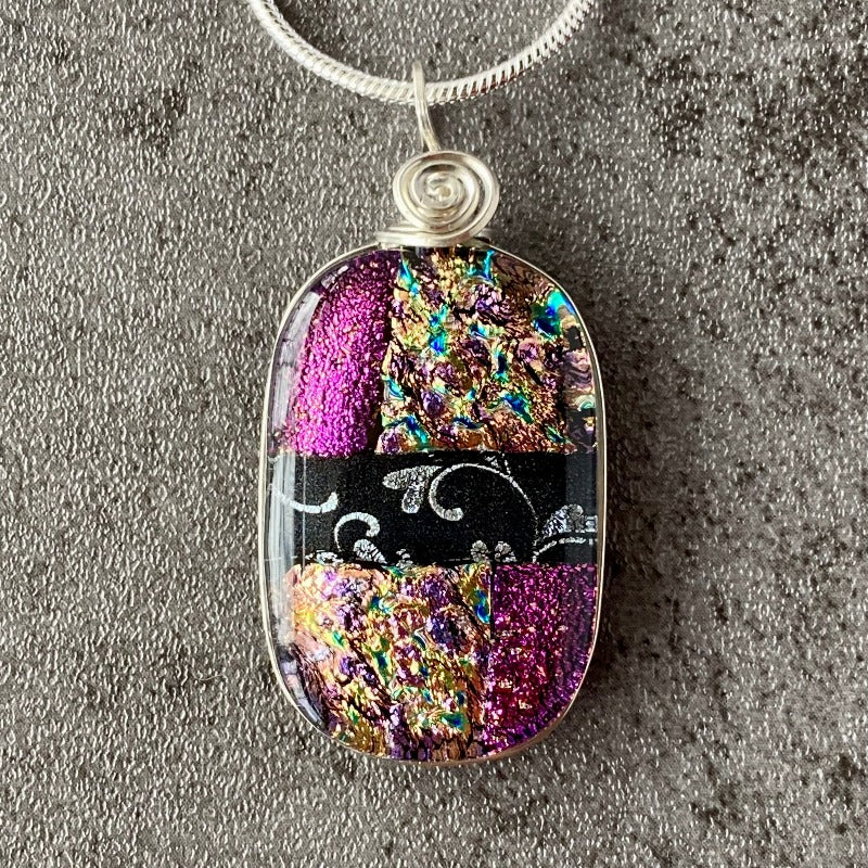 Glam It Up, Pink and Black Dichroic Glass Necklace, Silver