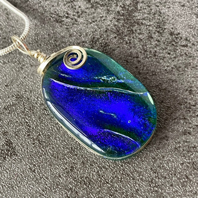 Running River, Green and Blue Dichroic Glass Necklace, Silver