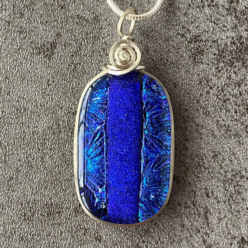 Running Stream, Blue Dichroic Glass Necklace, Silver
