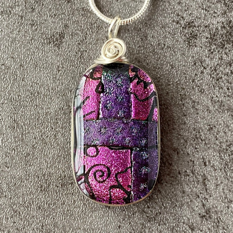 All Dressed UP, Pink and Purple Dichroic Glass Necklace, Silver