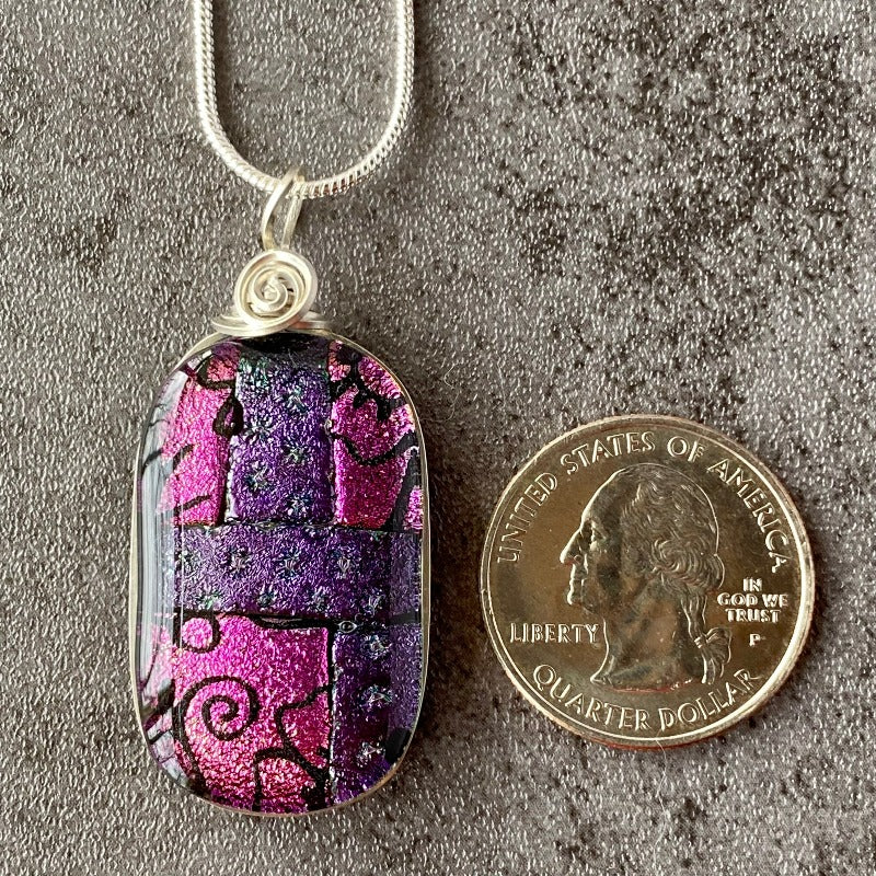 All Dressed UP, Pink and Purple Dichroic Glass Necklace, Silver