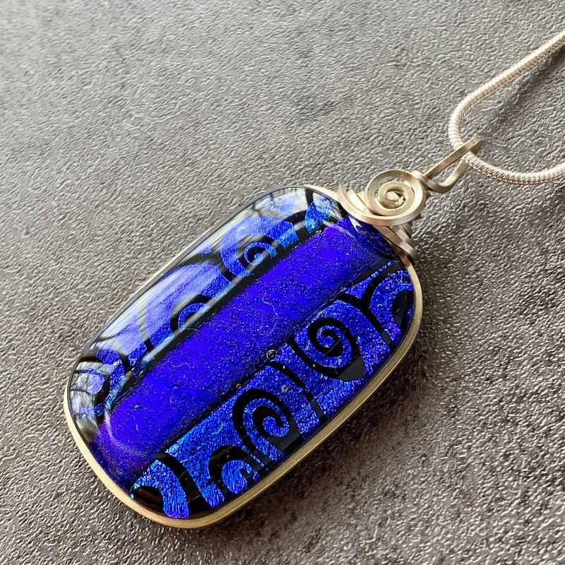Blue Waves, Blue Dichroic Glass Necklace, Silver