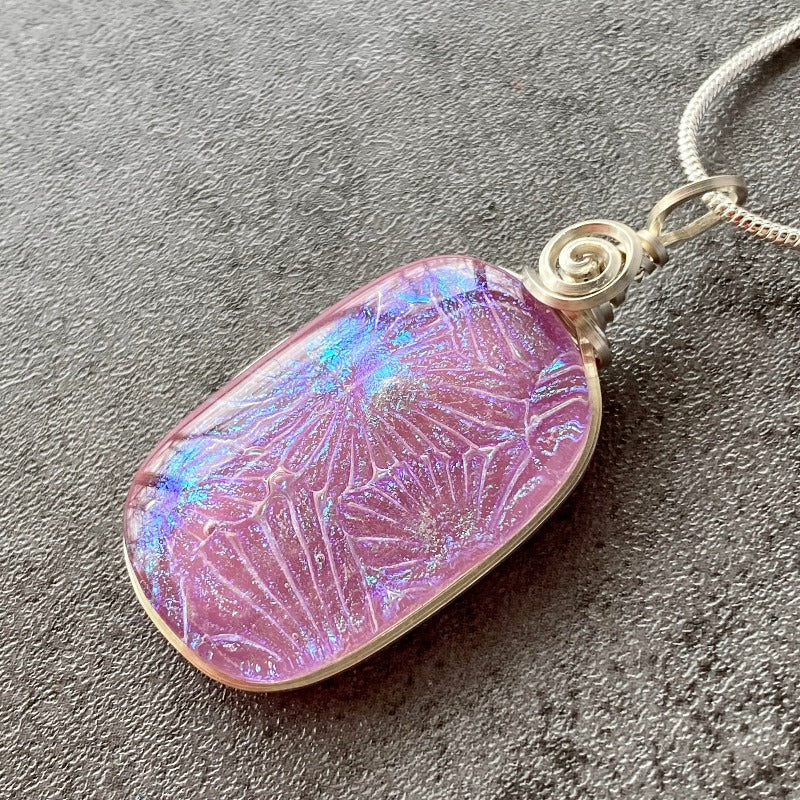 Pink Primrose, Pink Dichroic Glass Necklace, Silver