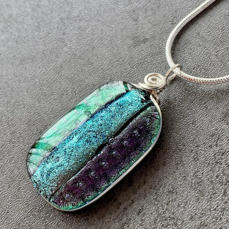 Through The Galaxy, Purple Dichroic Glass Necklace, Silver