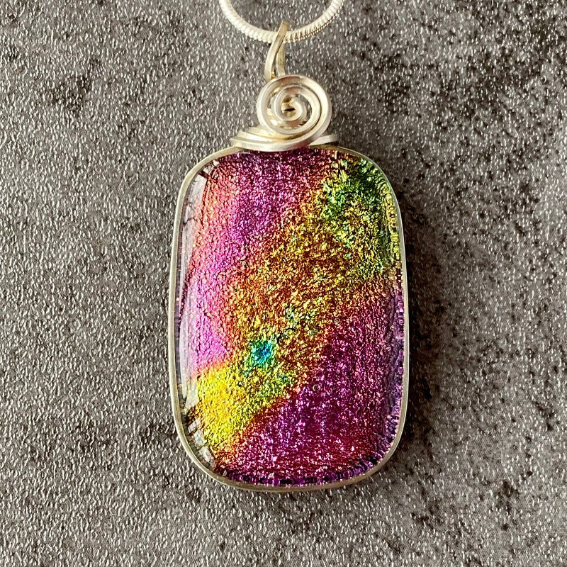 Pink Sky, Pink and Yellow Dichroic Glass Necklace, Silver