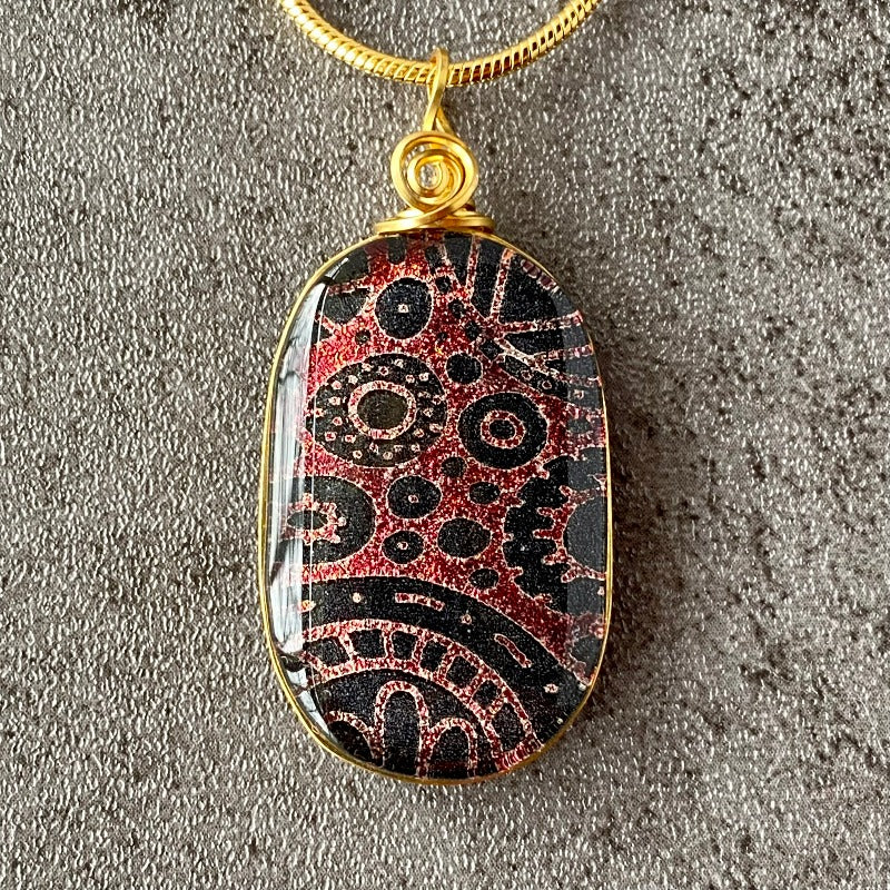 Somewhat Steampunk, Red Dichroic Glass Necklace, Gold
