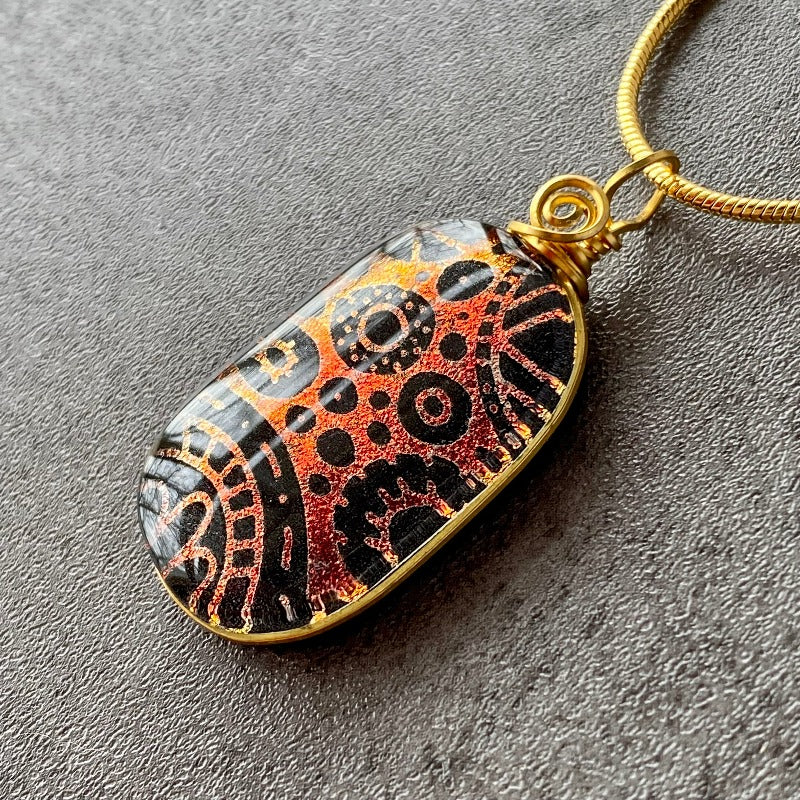 Somewhat Steampunk, Red Dichroic Glass Necklace, Gold