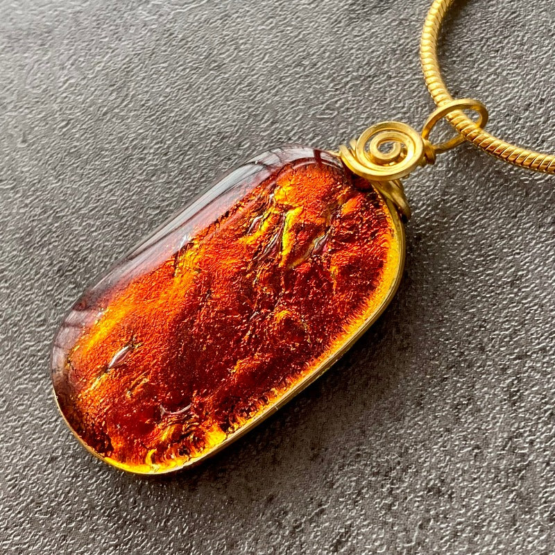 By The Fire, Red Dichroic Glass Necklace, Gold