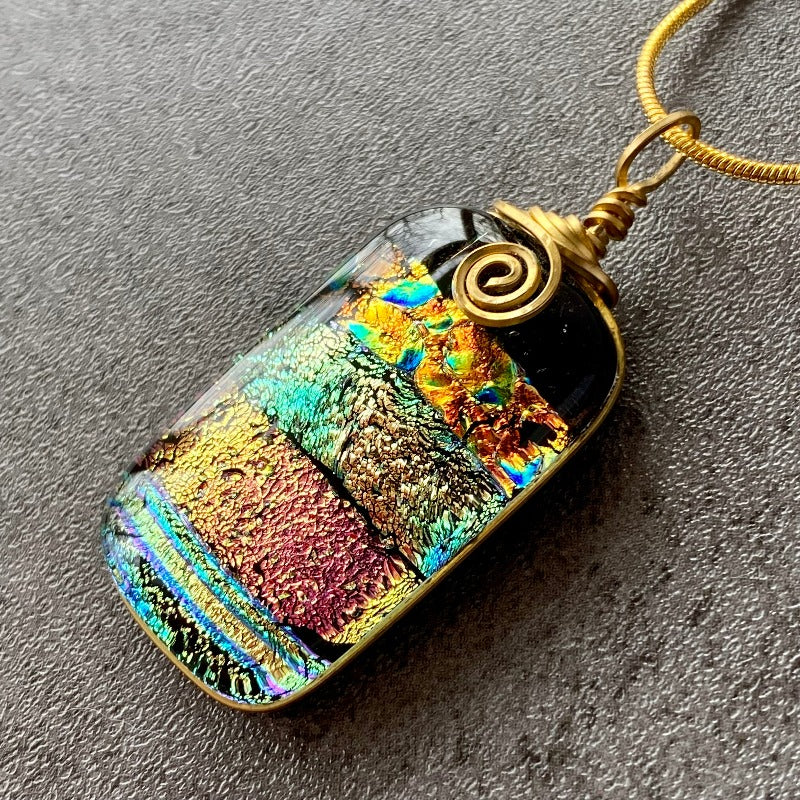 Party Time, Multi-color Dichroic Glass Necklace, Gold