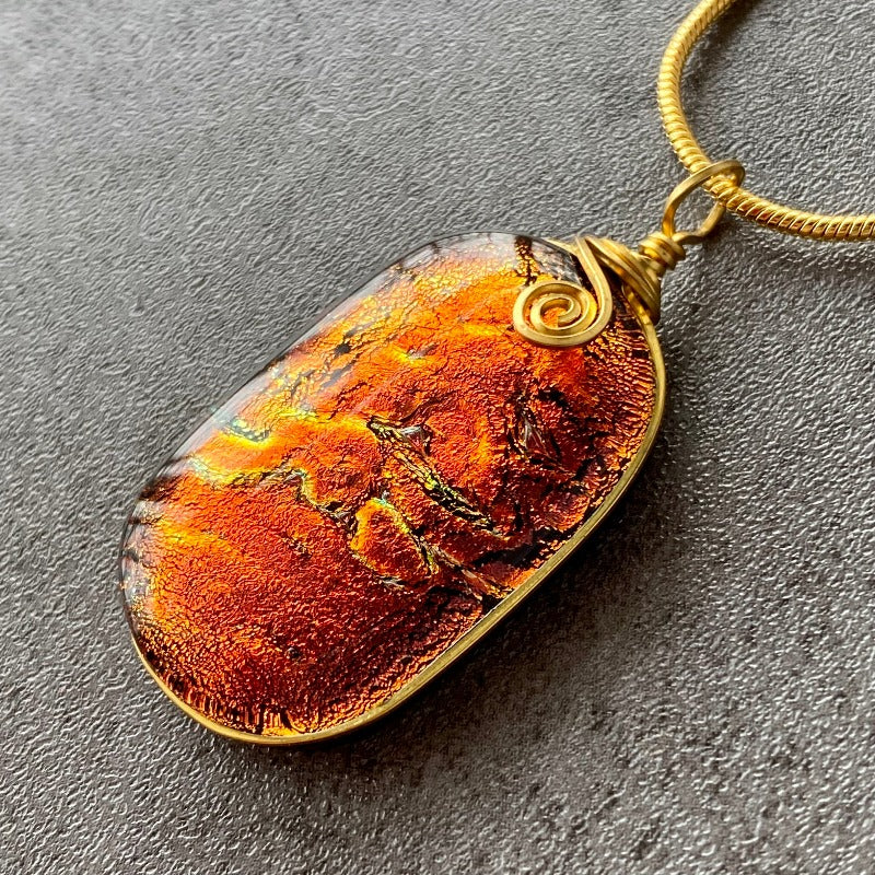 Afterglow, Red Dichroic Glass Necklace, Gold