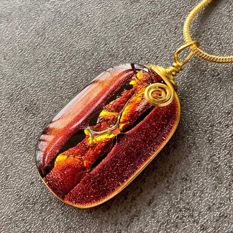 Rose Petals, Red Dichroic Glass Necklace, Gold