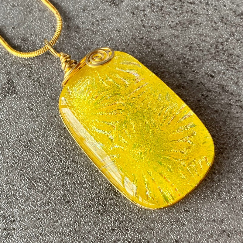 Yellow Flowers, Yellow Dichroic Glass Necklace, Gold