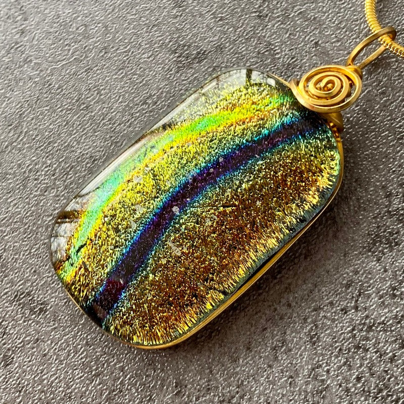 A River Runs, Multi-color Dichroic Glass Necklace, Gold