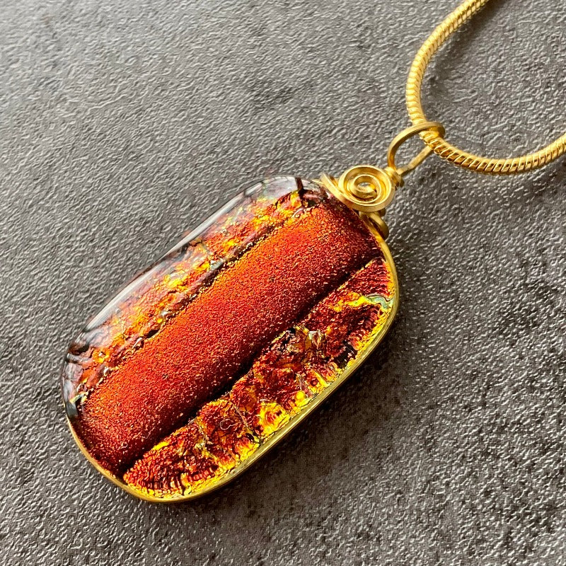 Cinnamon Heart, Red Dichroic Glass Necklace, Gold