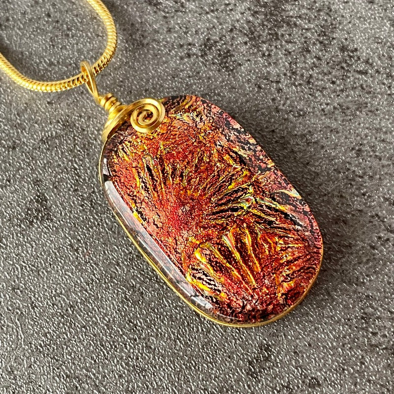 Red Fireworks, Red Dichroic Glass Necklace, Gold