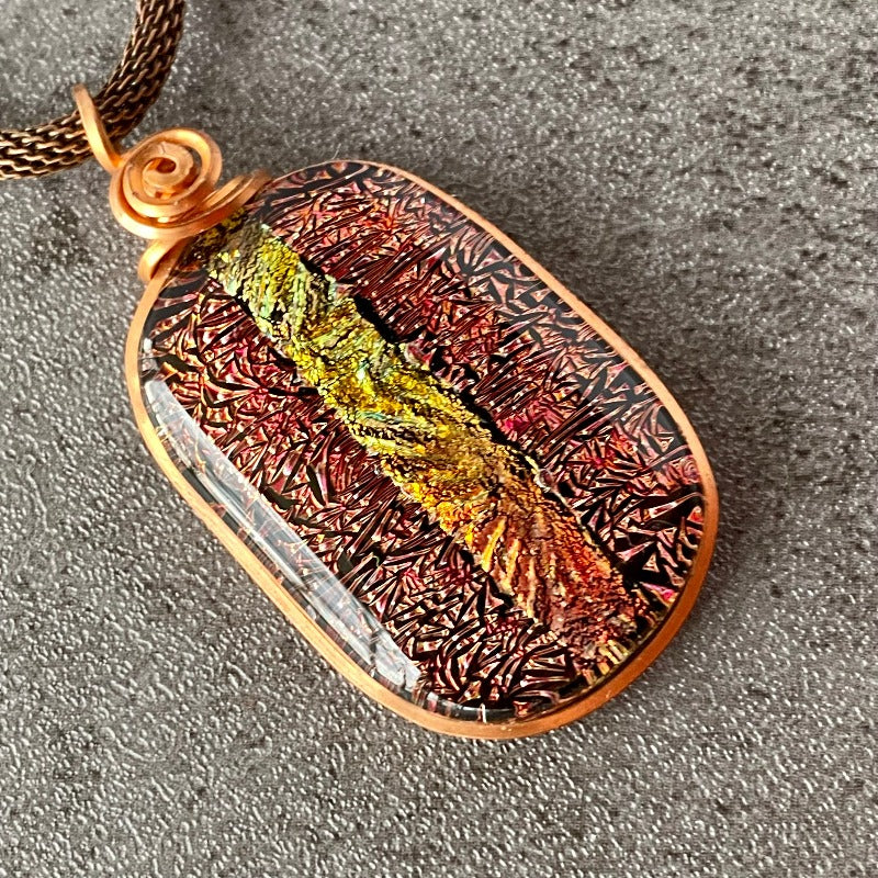 Crackling Rose, Red Dichroic Necklace, Copper