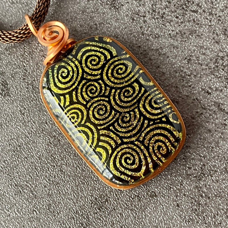 Gold Swirl, Dichroic Glass Necklace, Copper