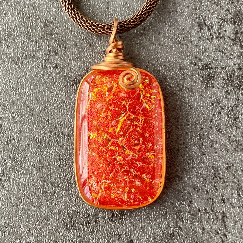 Fired Up, Red Dichroic Glass Necklace, Copper